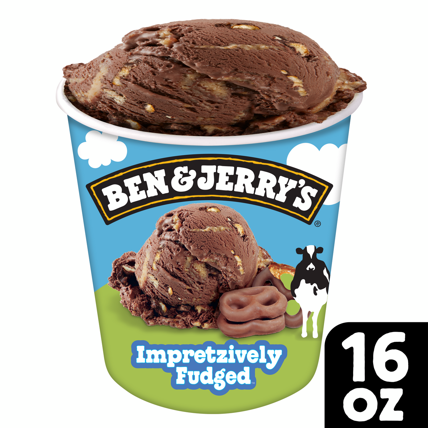 Ecomm asset open topped pint of Impretzively Fudged 16oz, featuring the Ben & Jerry's logo, "Woody" the cow, a scoop of the delicious ice cream