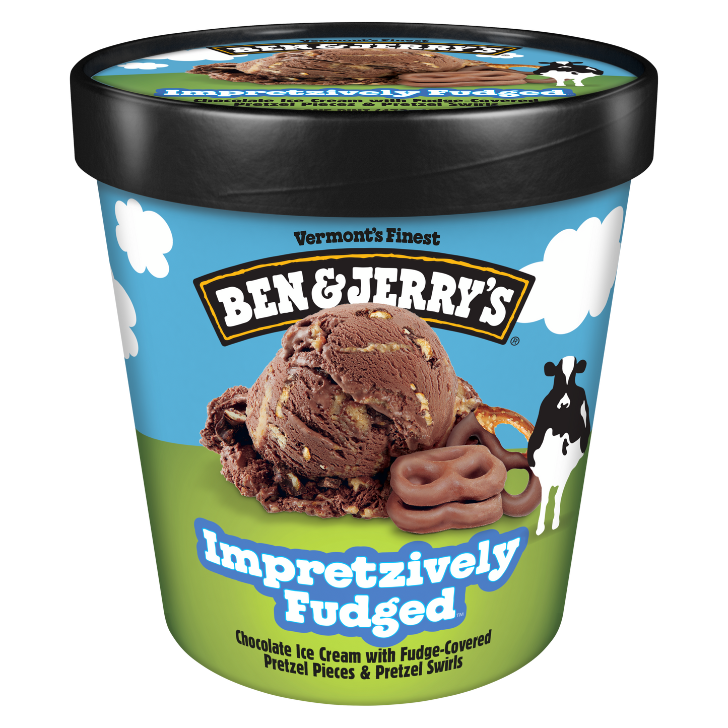 Pint of Impretzively Fudged, chocolate ice cream with fudge-covered pretzel pieces & pretzel swirls