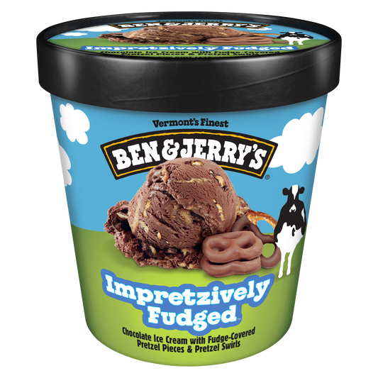 Pint of Impretzively Fudged, chocolate ice cream with fudge-covered pretzel pieces & pretzel swirls