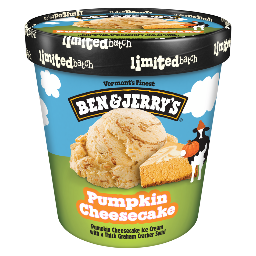 Pumpkin Cheesecake Ice Cream 16 oz pint showcasing a limited batch lid, Woody holding a pumpkin, a slice of pumpkin cheesecake pie, and a big scoop of Pumpkin Cheesecake ice cream with a thick graham cracker swirl.