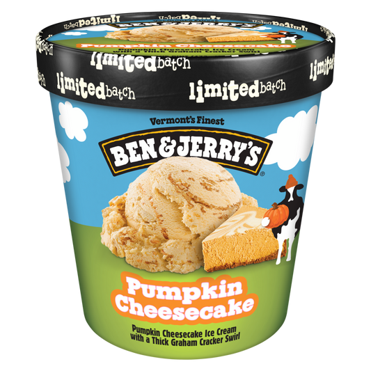 Pumpkin Cheesecake Ice Cream 16 oz pint showcasing a limited batch lid, Woody holding a pumpkin, a slice of pumpkin cheesecake pie, and a big scoop of Pumpkin Cheesecake ice cream with a thick graham cracker swirl.