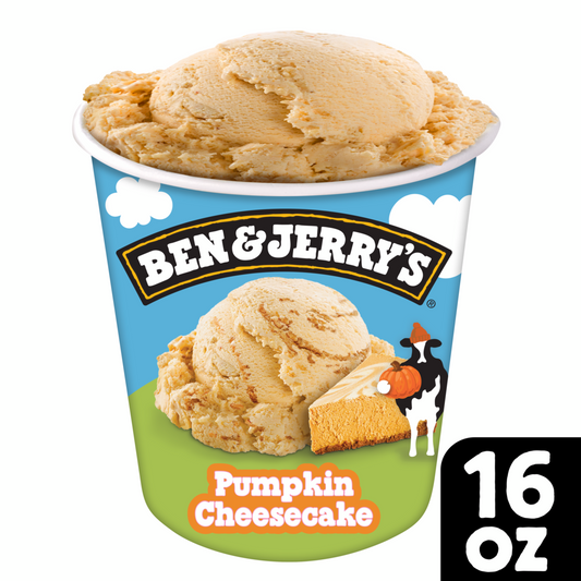Pumpkin Cheesecake Ice Cream 16 oz pint showcasing a limited batch lid, Woody holding a pumpkin, a slice of pumpkin cheesecake pie, and a big scoop of Pumpkin Cheesecake ice cream with a thick graham cracker swirl.